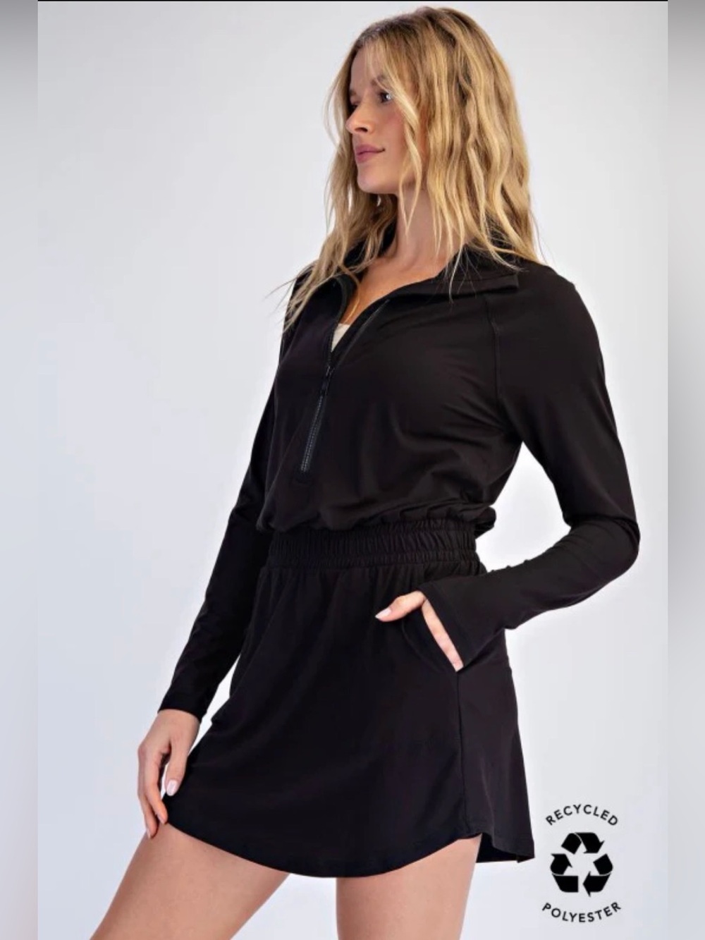 Talulah Warm Up Long sleeve black zip up romper mini dress, Large